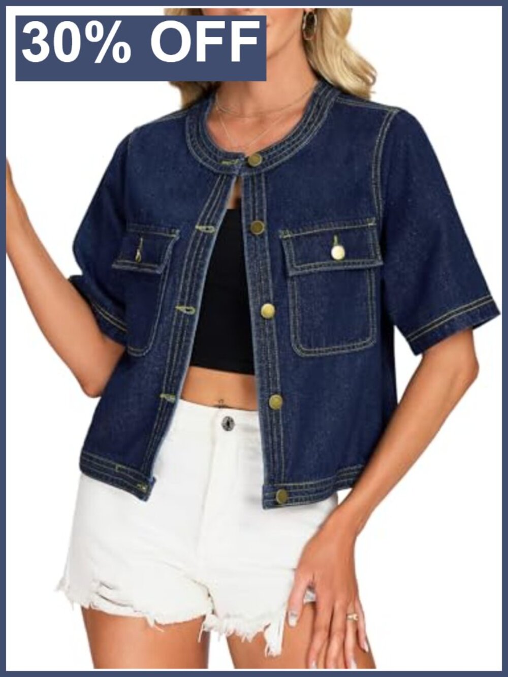 Women Short Sleeve Cropped Denim Jacket Collarless Button Up Jean Jacket